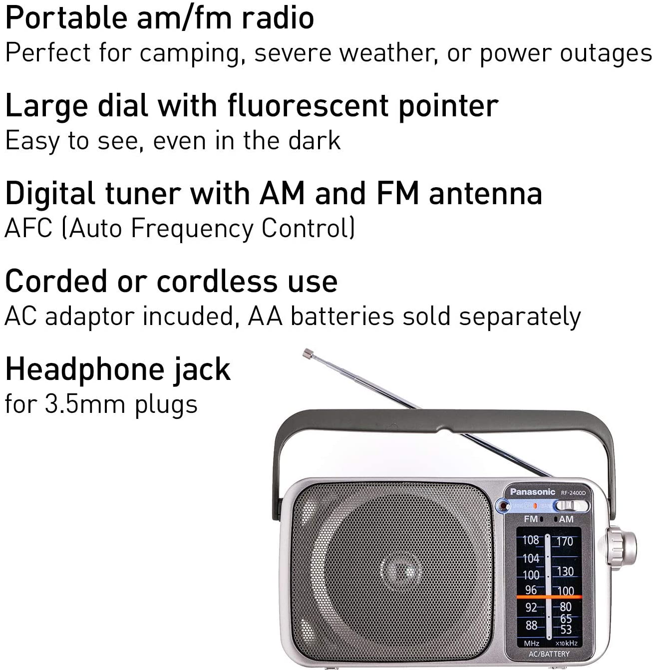 Panasonic Portable AM/FM Radio | Black | RF2400 Panasonic Portable AM/FM Radio | Black | RF2400