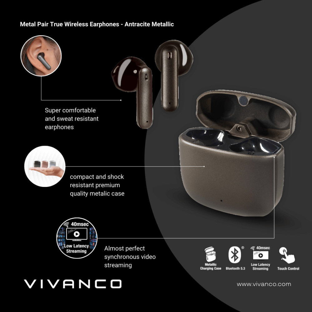 Vivanco True Wireless Metallic Earpods | Anthracite | 62585 Vivanco True Wireless Metallic Earpods | Anthracite | 62585